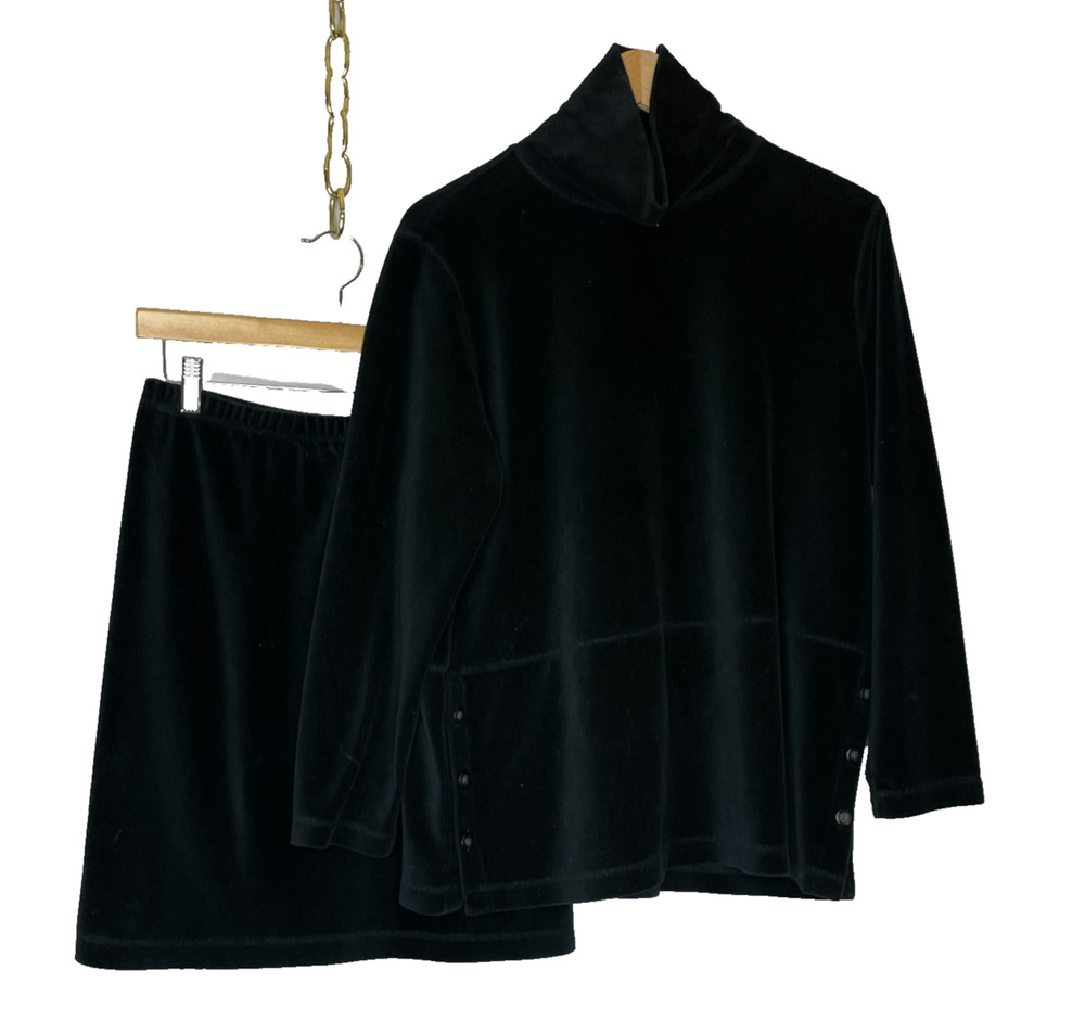 Women's Small Petite J.Jill Vtg Black Velvet Corduroy Skirt Turtleneck Set